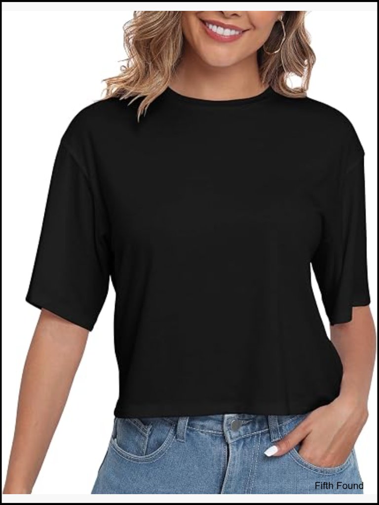 Loose Fit Cropped Tee Shirt - Short Sleeve Crew Neck